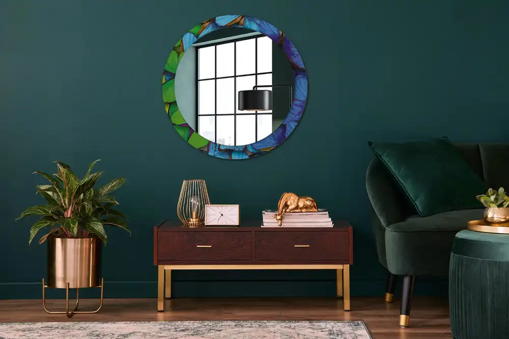 Miroir rond imprimé papillon bleu et vert