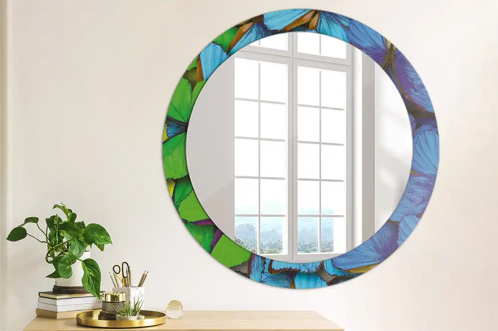 Miroir rond imprimé papillon bleu et vert