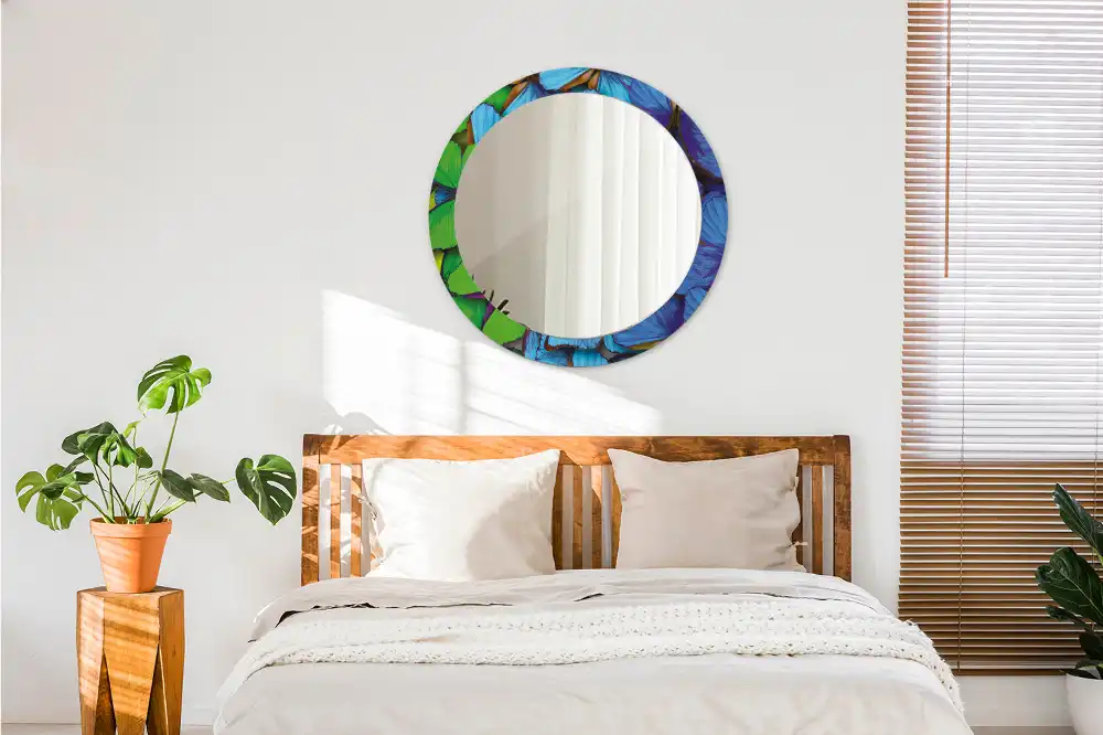 Miroir rond imprimé papillon bleu et vert