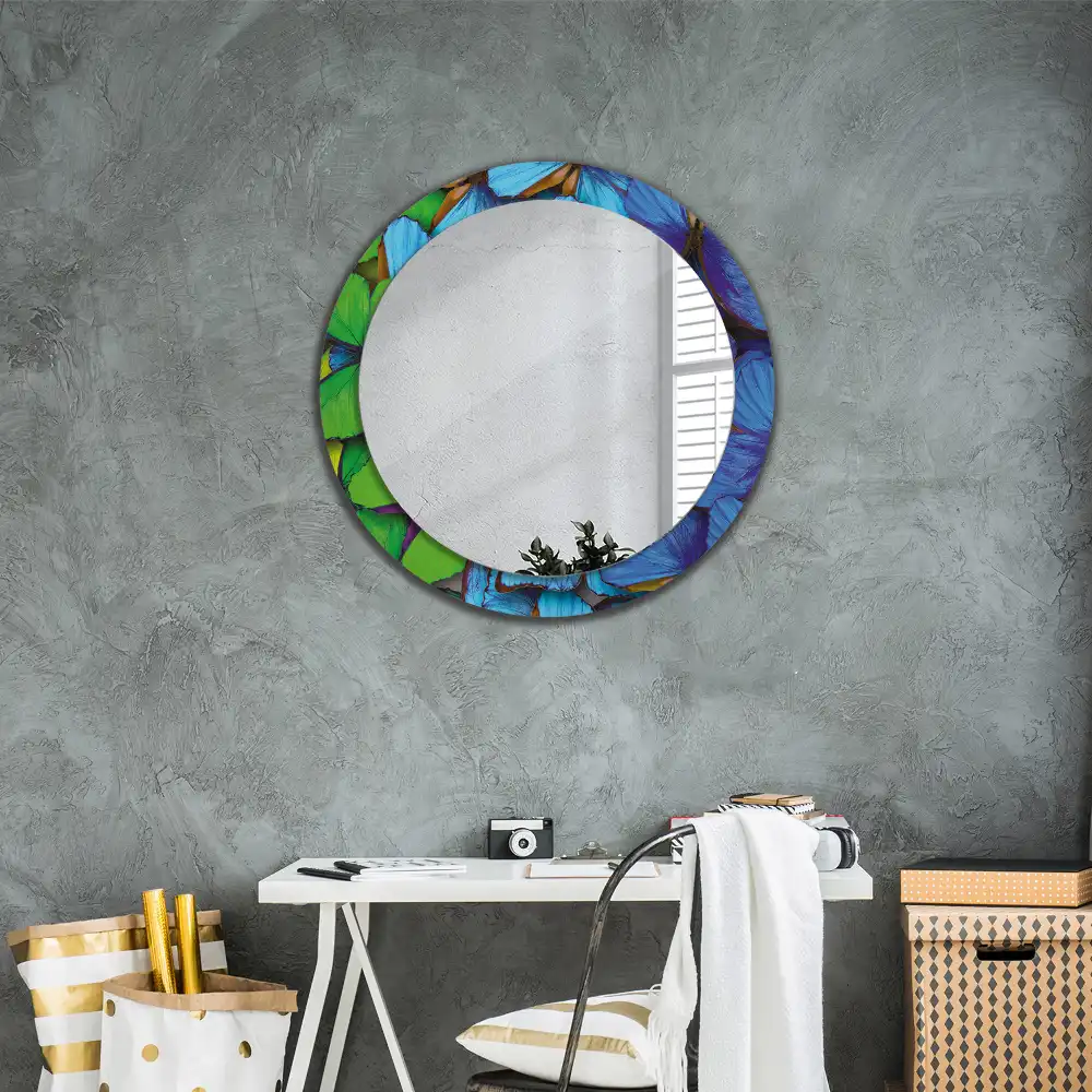 Miroir rond imprimé papillon bleu et vert