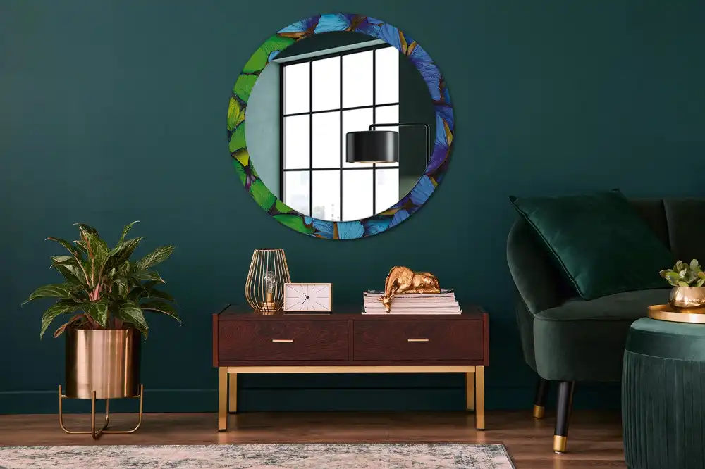Miroir rond imprimé papillon bleu et vert
