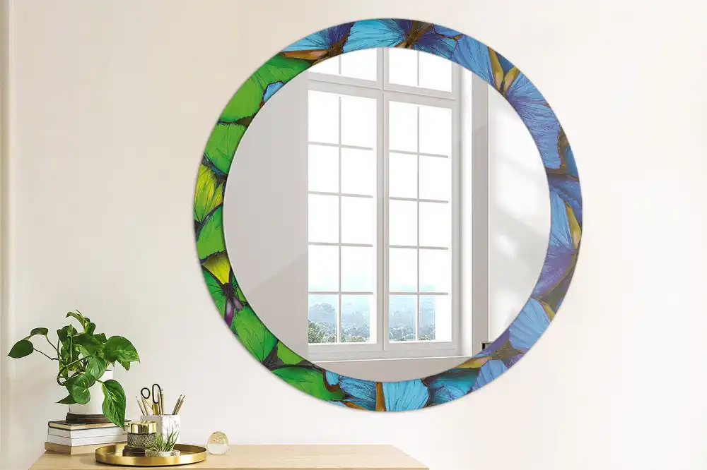 Miroir rond imprimé papillon bleu et vert