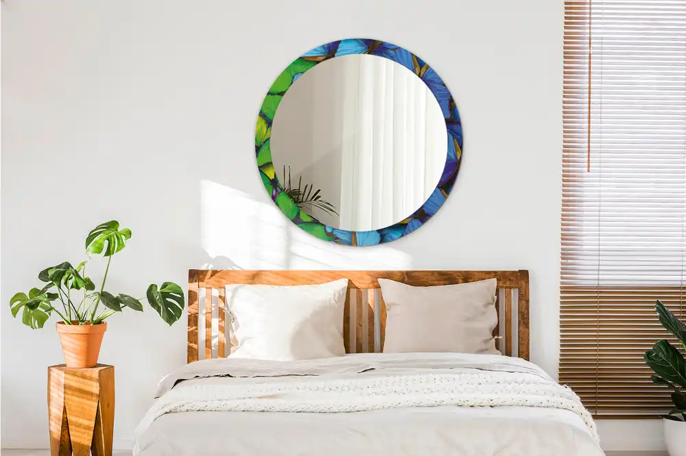 Miroir rond imprimé papillon bleu et vert