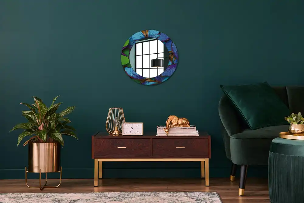 Miroir rond imprimé papillon bleu et vert