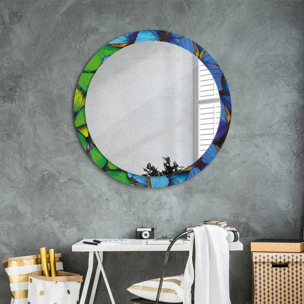 Miroir rond imprimé papillon bleu et vert