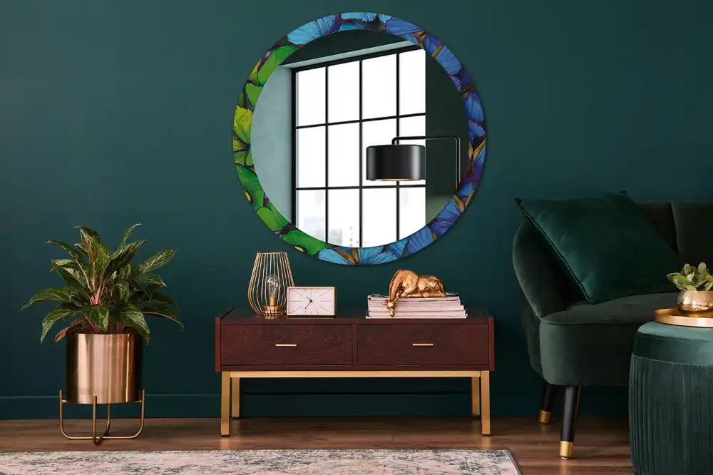 Miroir rond imprimé papillon bleu et vert
