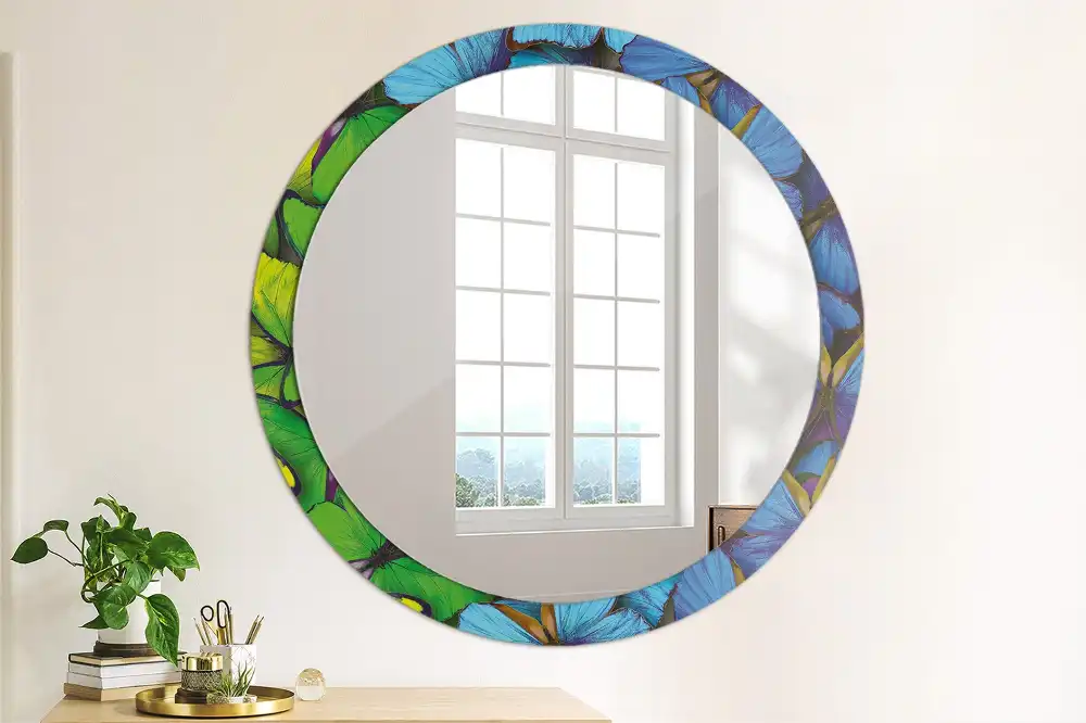Miroir rond imprimé papillon bleu et vert