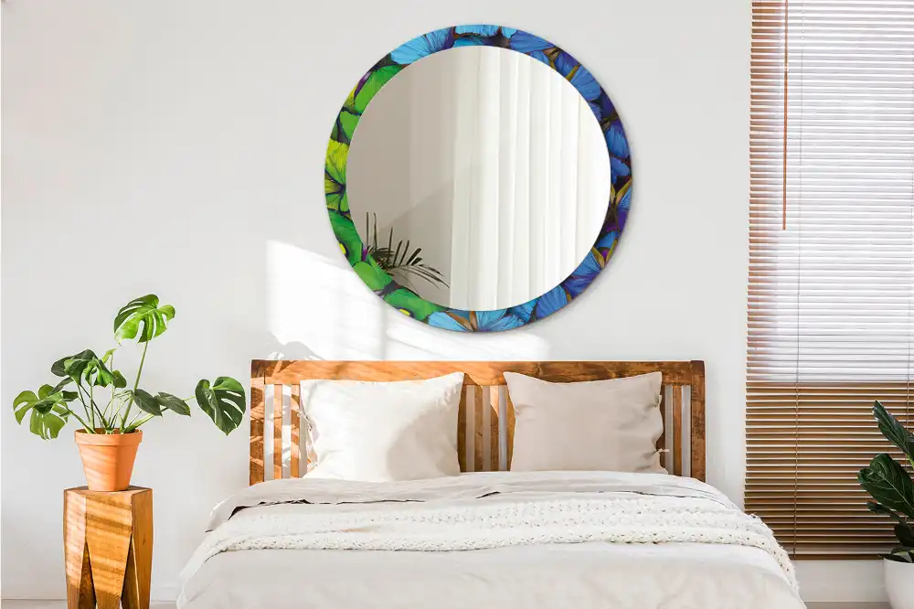 Miroir rond imprimé papillon bleu et vert