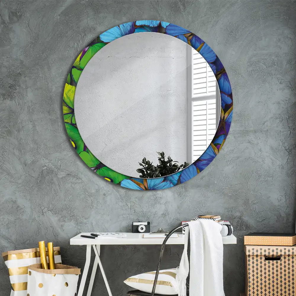 Miroir rond imprimé papillon bleu et vert