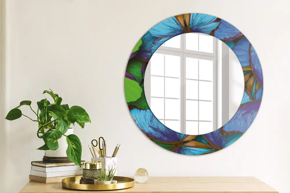 Miroir rond imprimé papillon bleu et vert