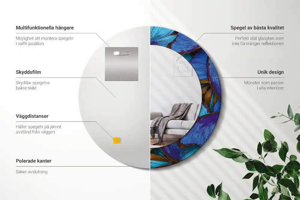 Miroir rond imprimé papillon bleu et vert