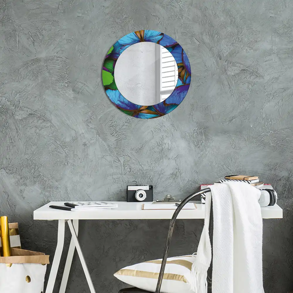 Miroir rond imprimé papillon bleu et vert