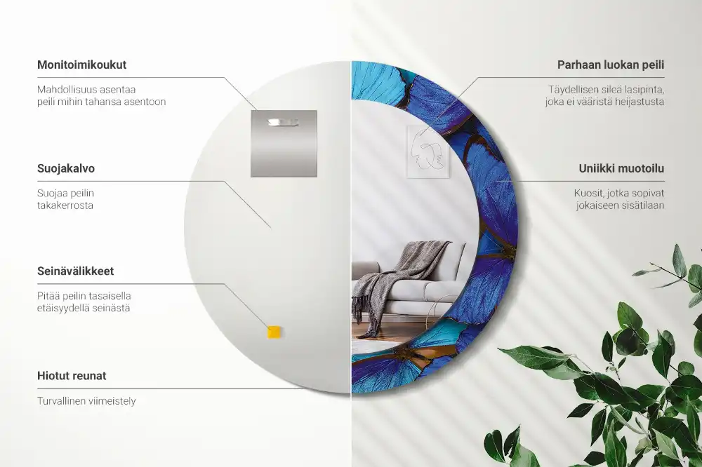 Miroir rond imprimé papillon bleu et vert