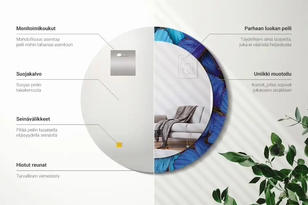 Miroir rond imprimé papillon bleu et vert