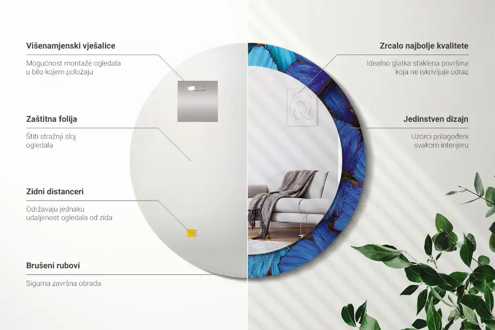 Miroir rond imprimé papillon bleu et vert