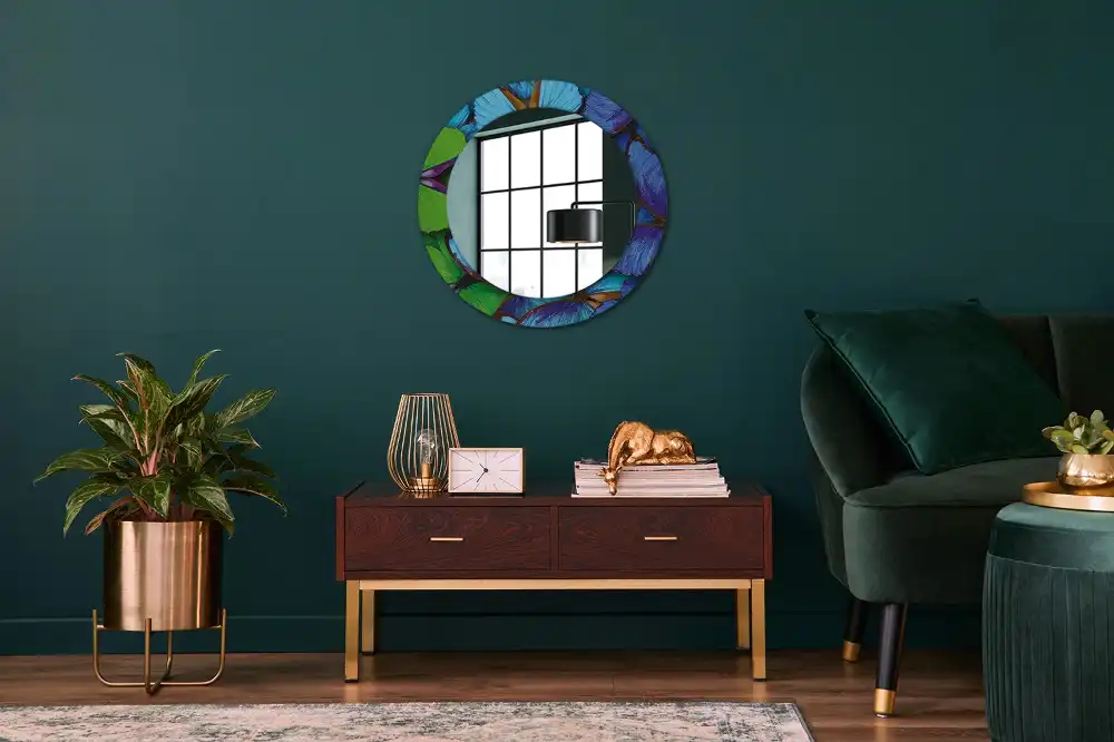 Miroir rond imprimé papillon bleu et vert
