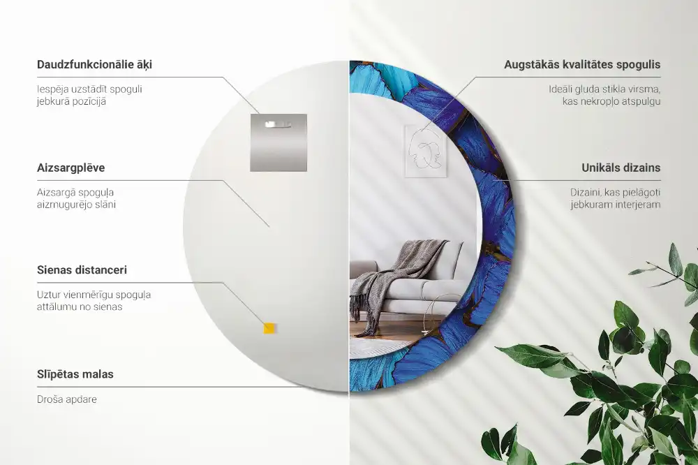 Miroir rond imprimé papillon bleu et vert