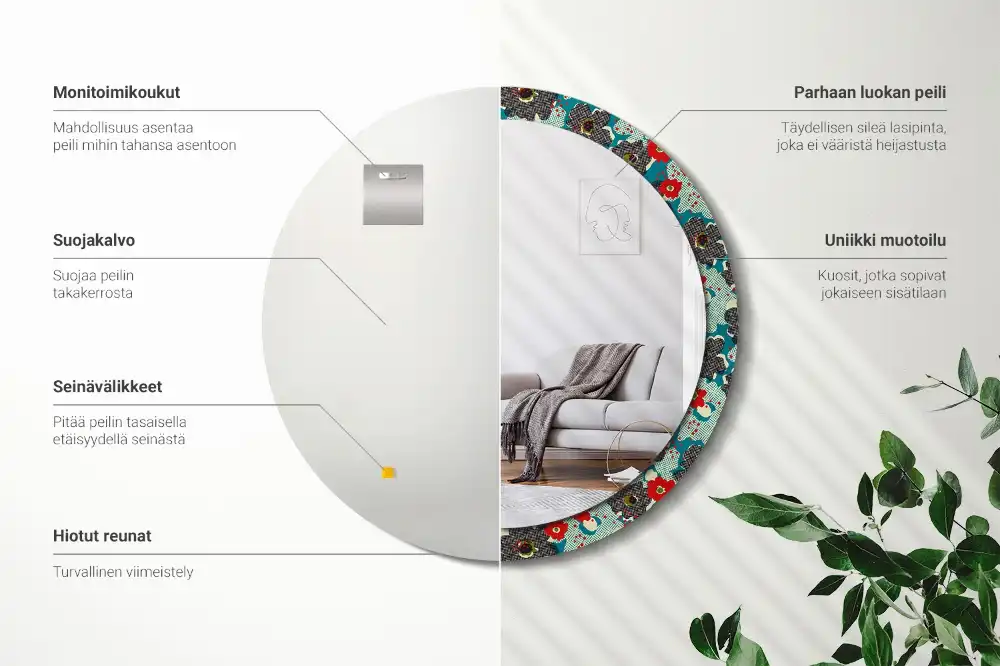 Miroir rond cadre avec impression motif floral rétro