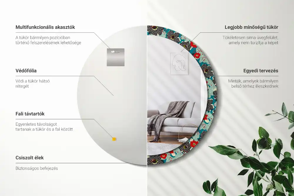 Miroir rond cadre avec impression motif floral rétro