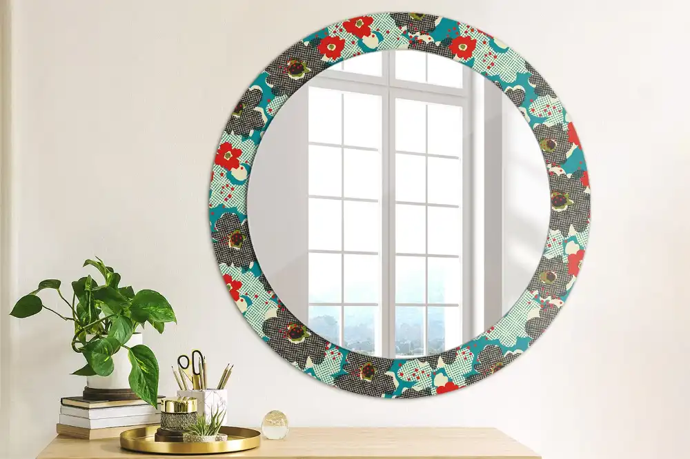 Miroir rond cadre avec impression motif floral rétro