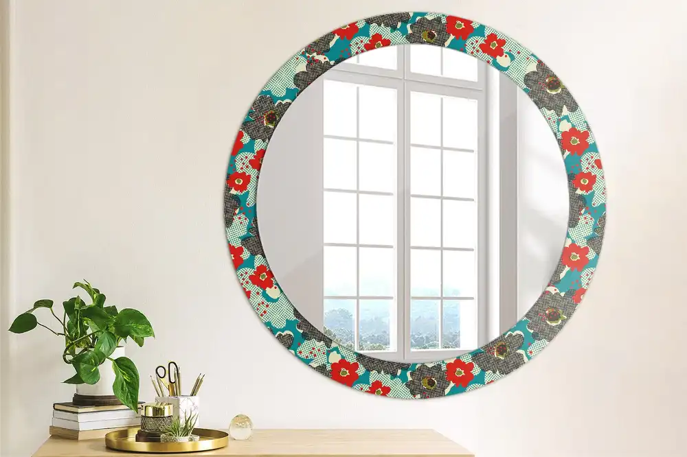 Miroir rond cadre avec impression motif floral rétro