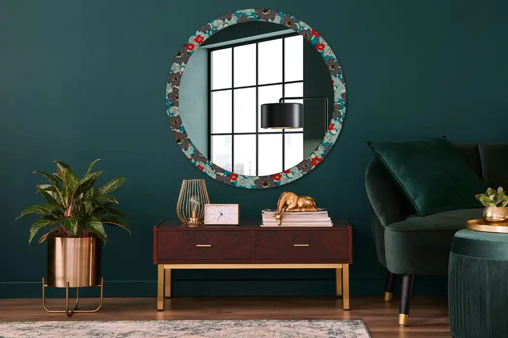 Miroir rond cadre avec impression motif floral rétro