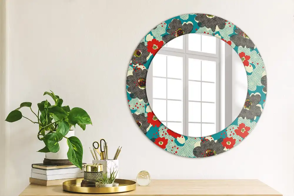 Miroir rond cadre avec impression motif floral rétro