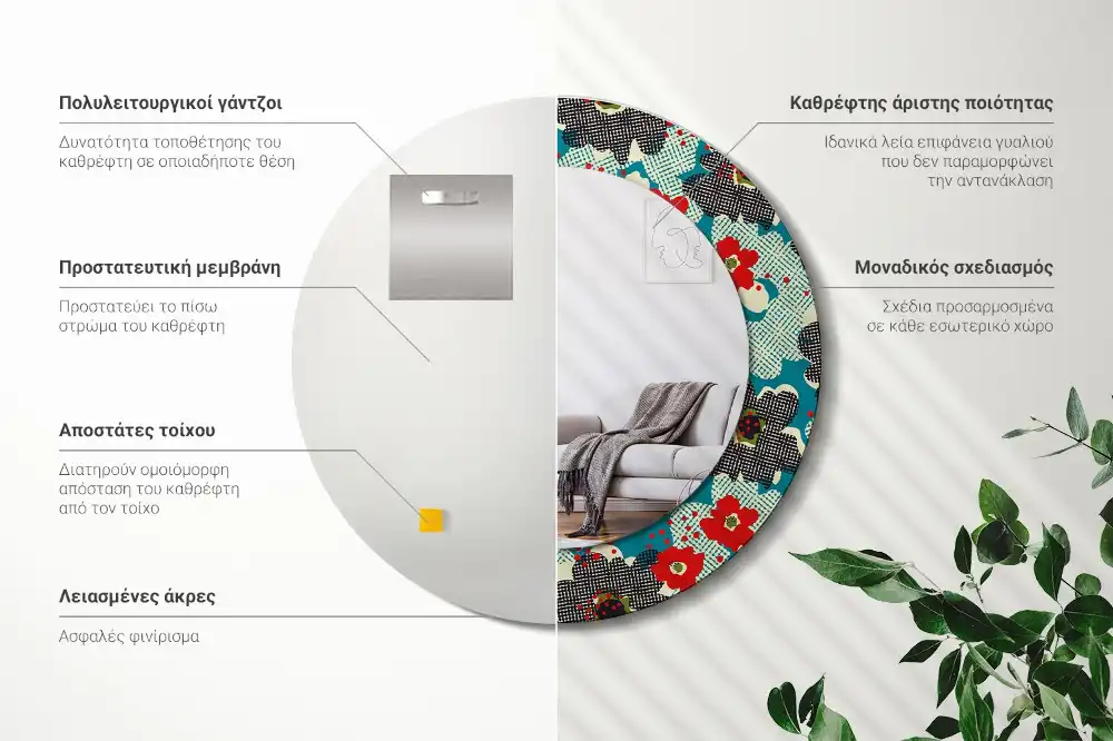Miroir rond cadre avec impression motif floral rétro