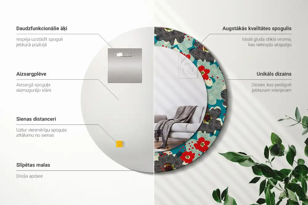 Miroir rond cadre avec impression motif floral rétro