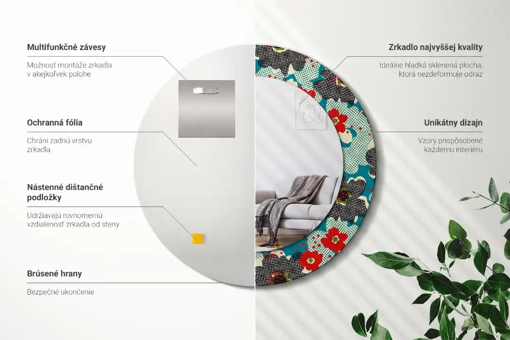 Miroir rond cadre avec impression motif floral rétro