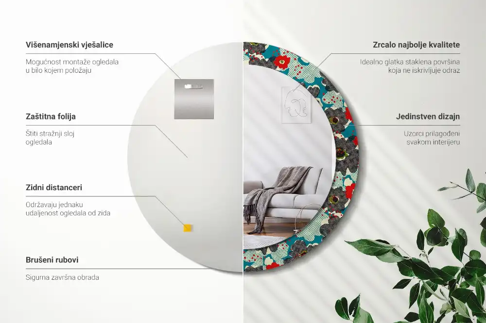 Miroir rond cadre avec impression motif floral rétro