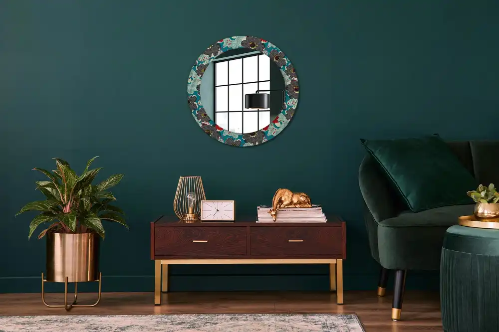 Miroir rond cadre avec impression motif floral rétro
