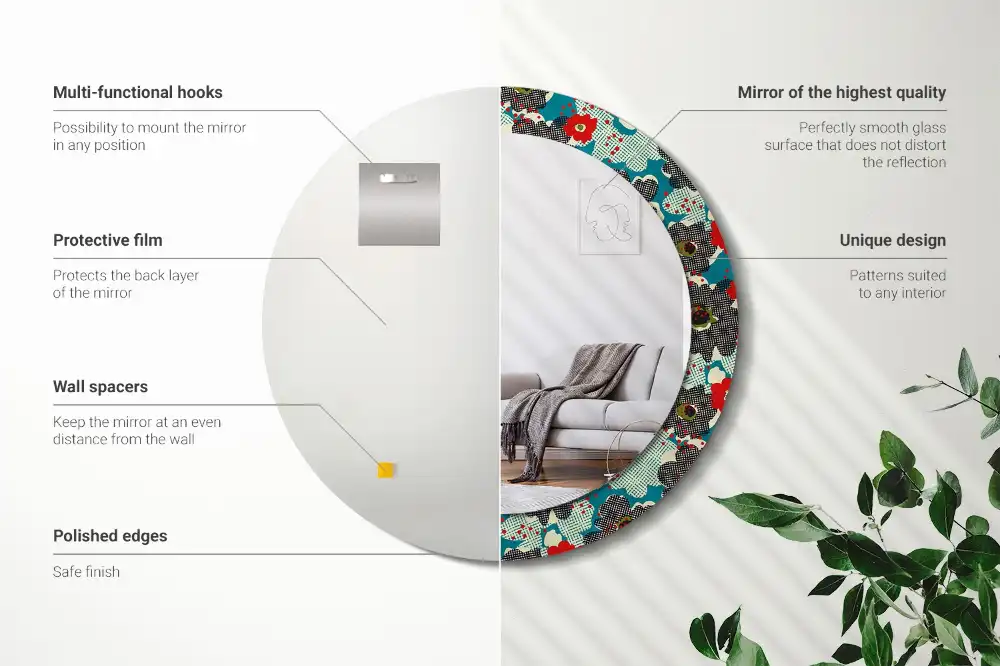 Miroir rond cadre avec impression motif floral rétro