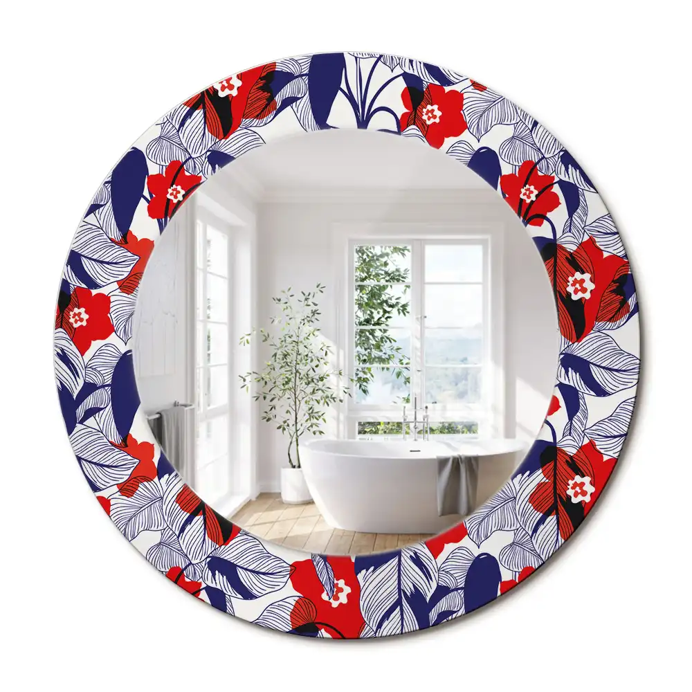 Miroir rond cadre imprimé plante philodendron