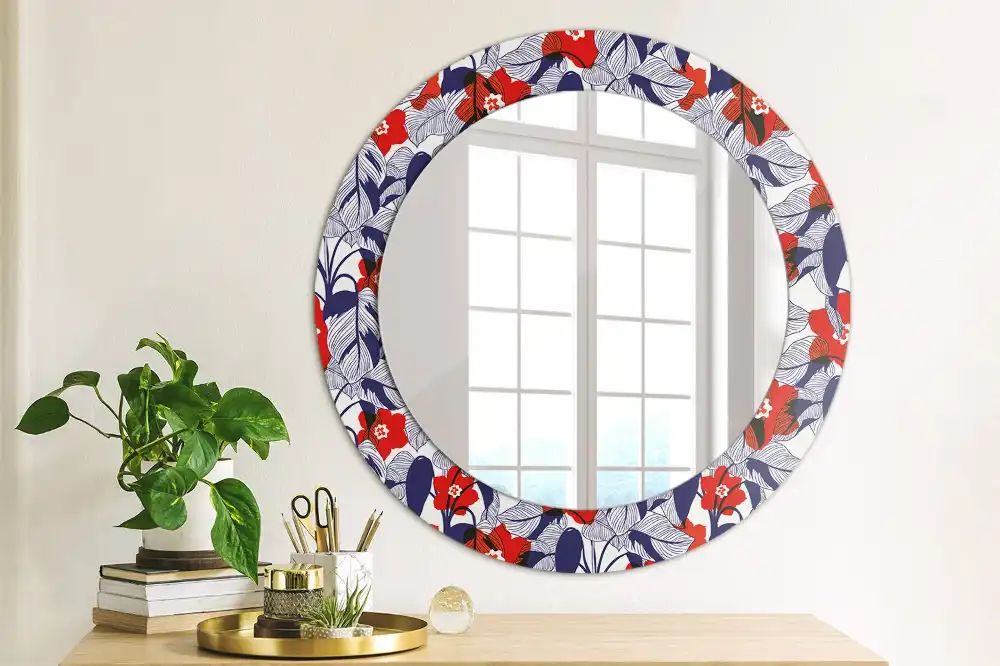 Miroir rond cadre imprimé plante philodendron