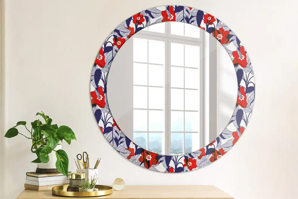 Miroir rond cadre imprimé plante philodendron