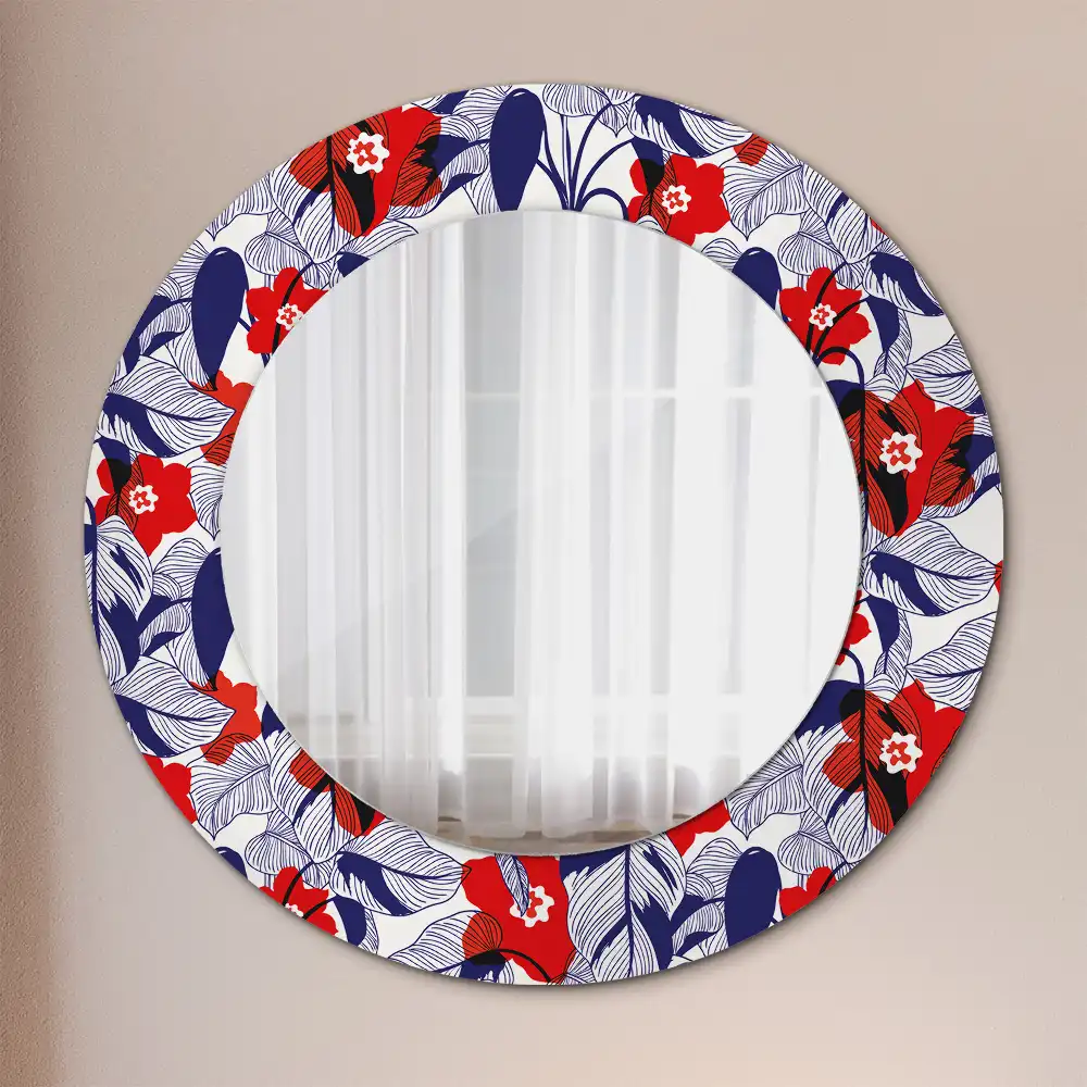 Miroir rond cadre imprimé plante philodendron