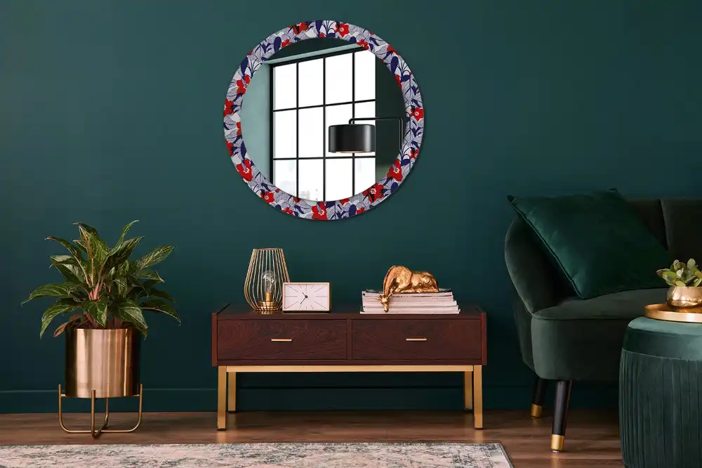 Miroir rond cadre imprimé plante philodendron