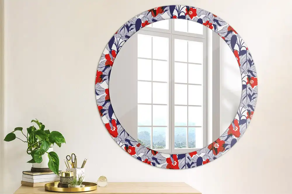 Miroir rond cadre imprimé plante philodendron