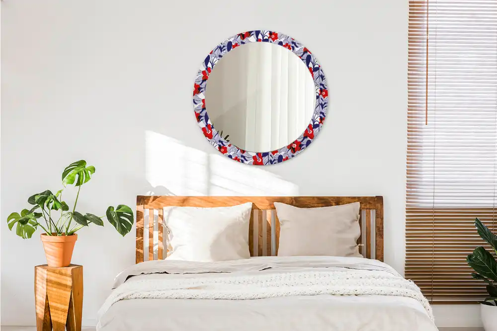 Miroir rond cadre imprimé plante philodendron