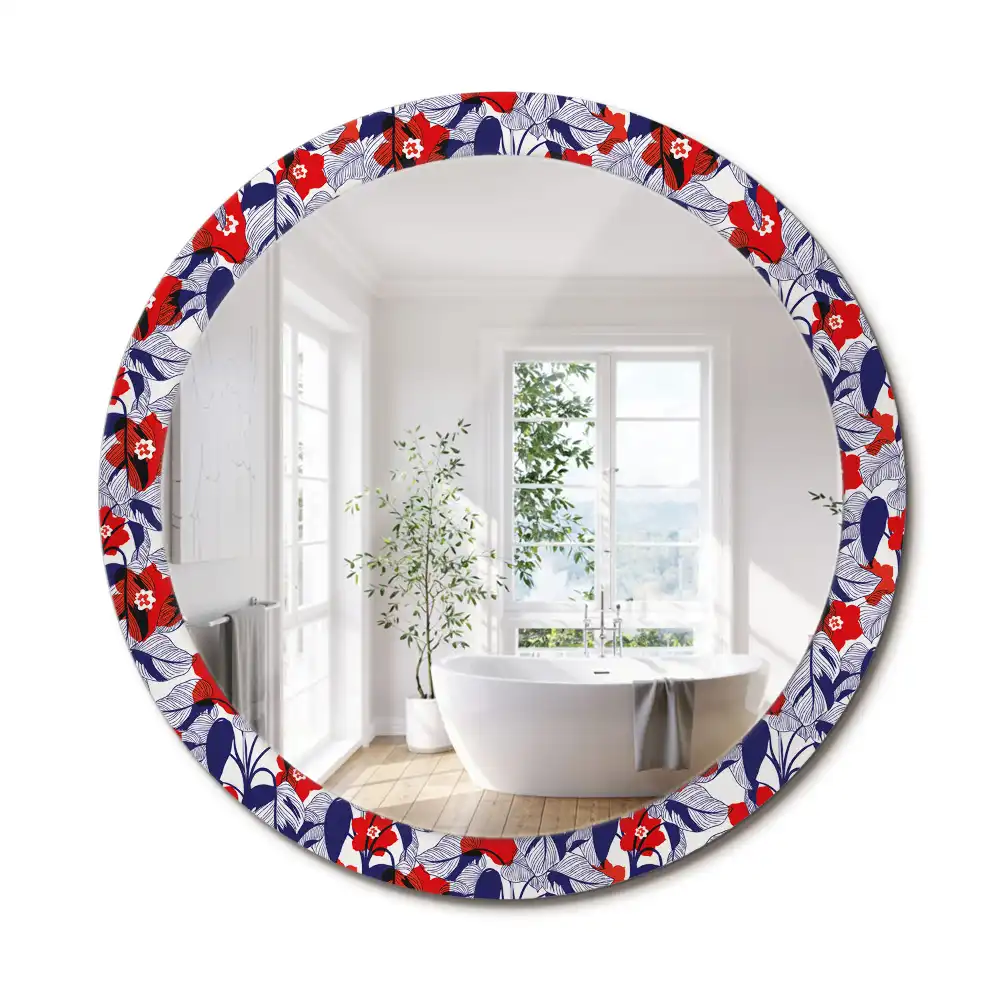 Miroir rond cadre imprimé plante philodendron