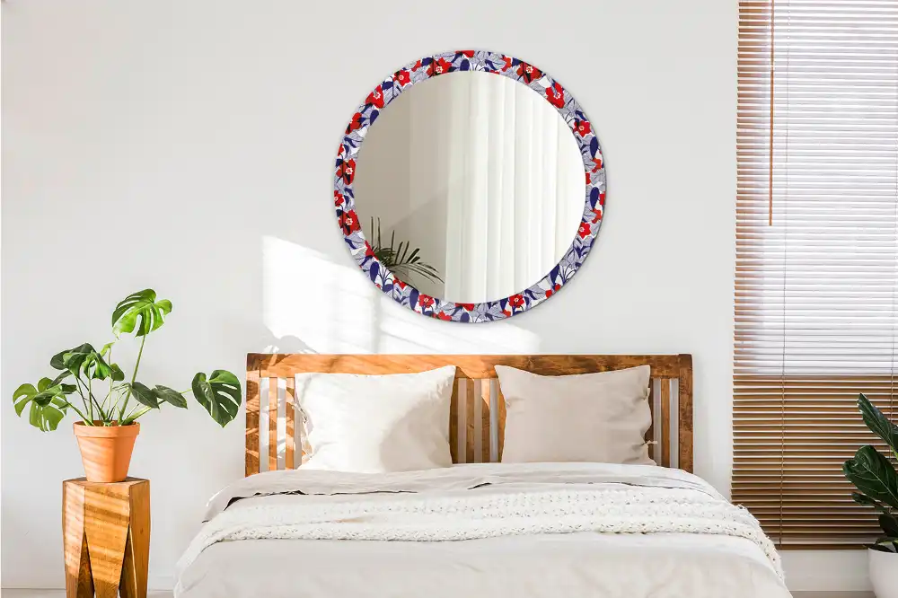 Miroir rond cadre imprimé plante philodendron