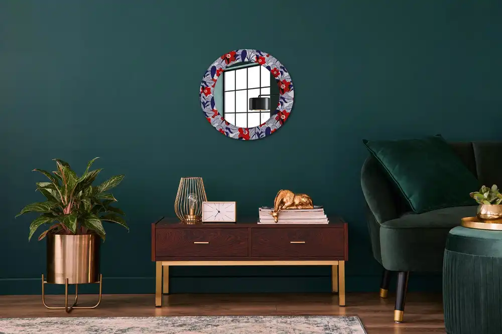 Miroir rond cadre imprimé plante philodendron