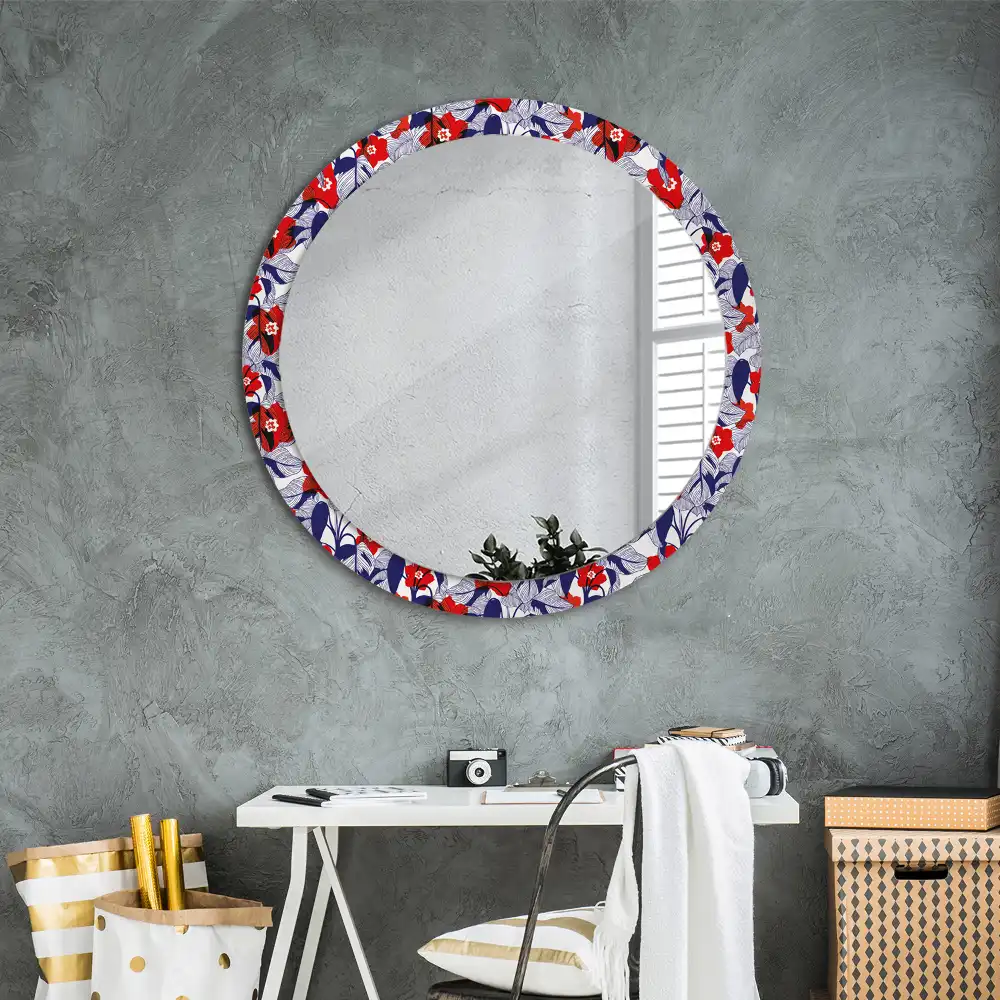 Miroir rond cadre imprimé plante philodendron