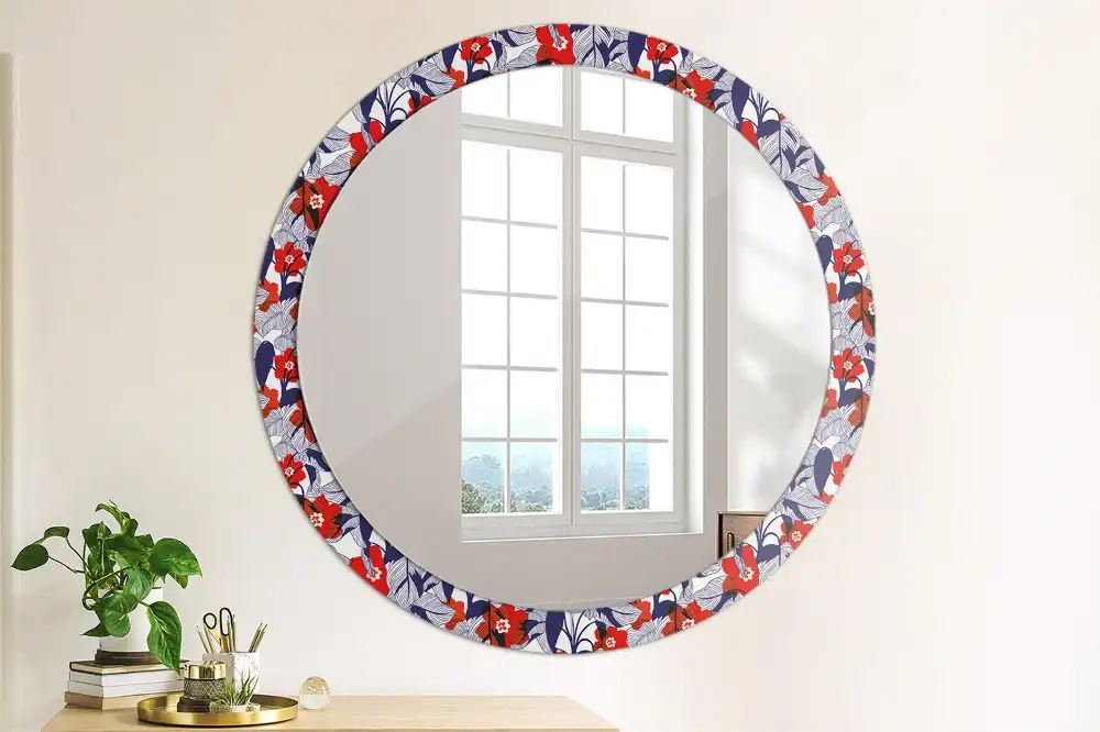 Miroir rond cadre imprimé plante philodendron