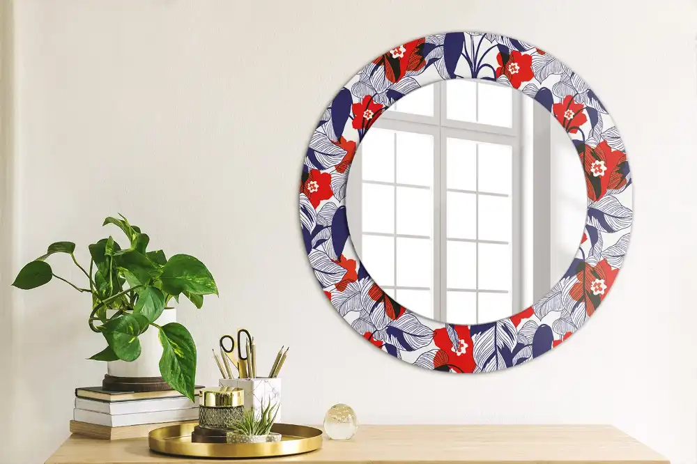 Miroir rond cadre imprimé plante philodendron