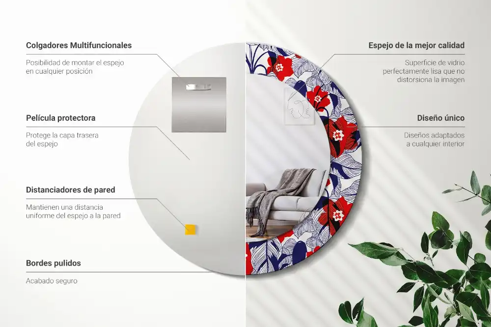 Miroir rond cadre imprimé plante philodendron