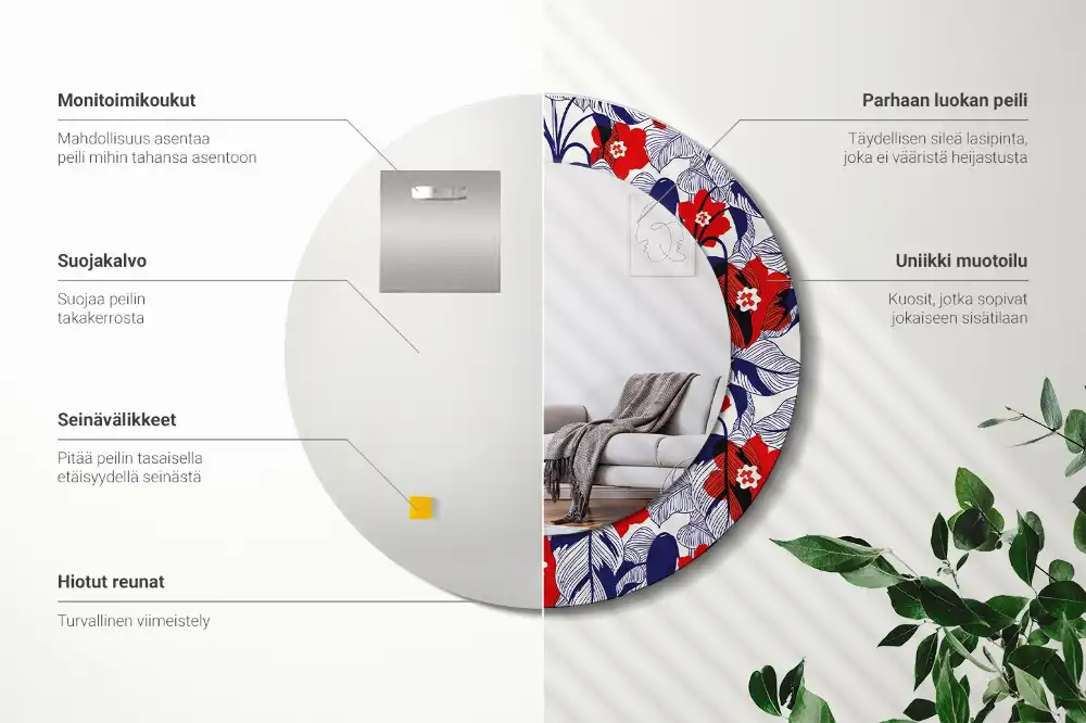 Miroir rond cadre imprimé plante philodendron