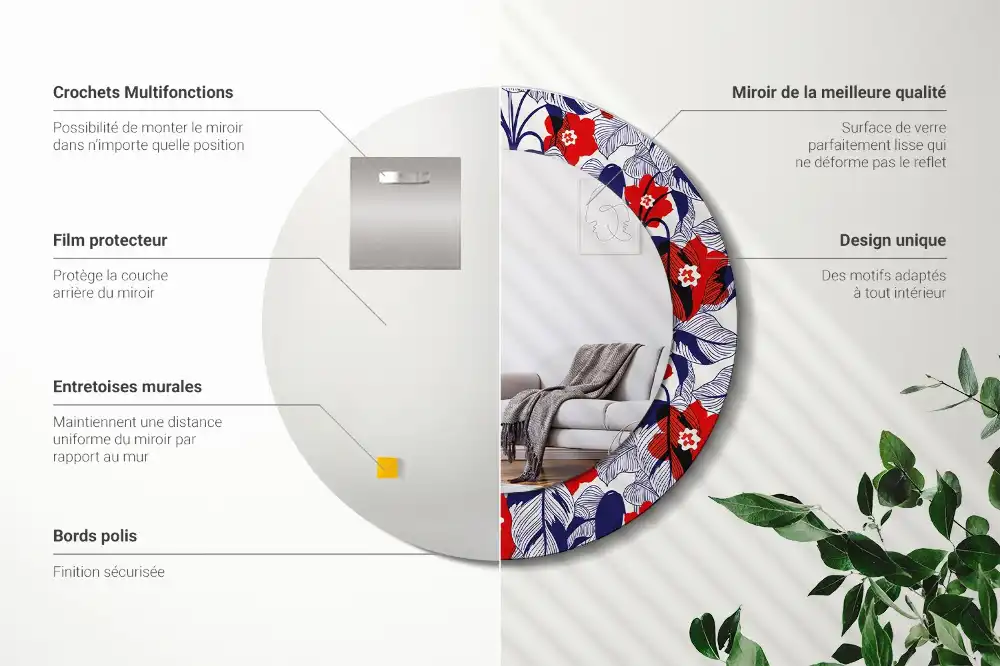 Miroir rond cadre imprimé plante philodendron