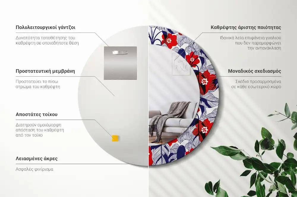 Miroir rond cadre imprimé plante philodendron